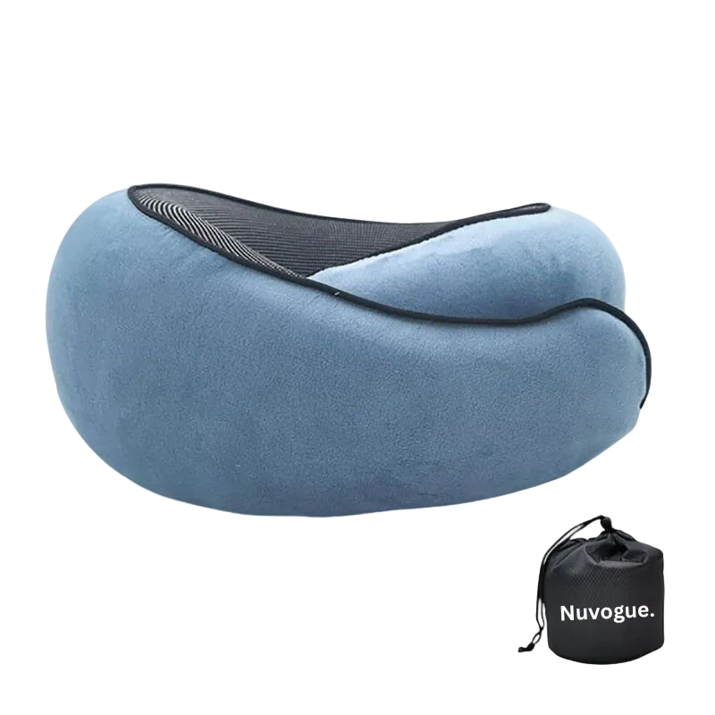 Blue travel pillow with black trim and a black carrying pouch on a white background